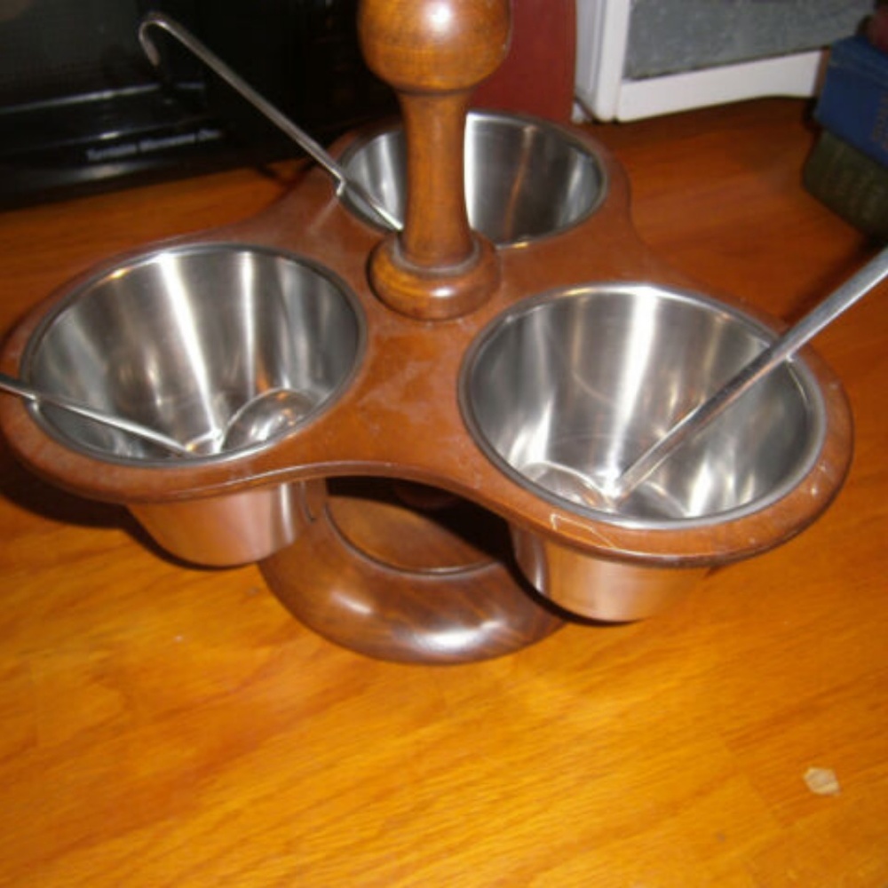 Mid-century Wood & Stainless Steel Condiment Dish 3sections & 3 spoons - Picture 3 of 8